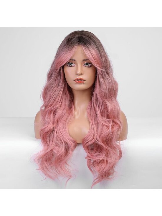 Women\'s Ombre Pink Heat Resistant Long Curly Wavy Synthetic Wig Bang Size 26In main image 2